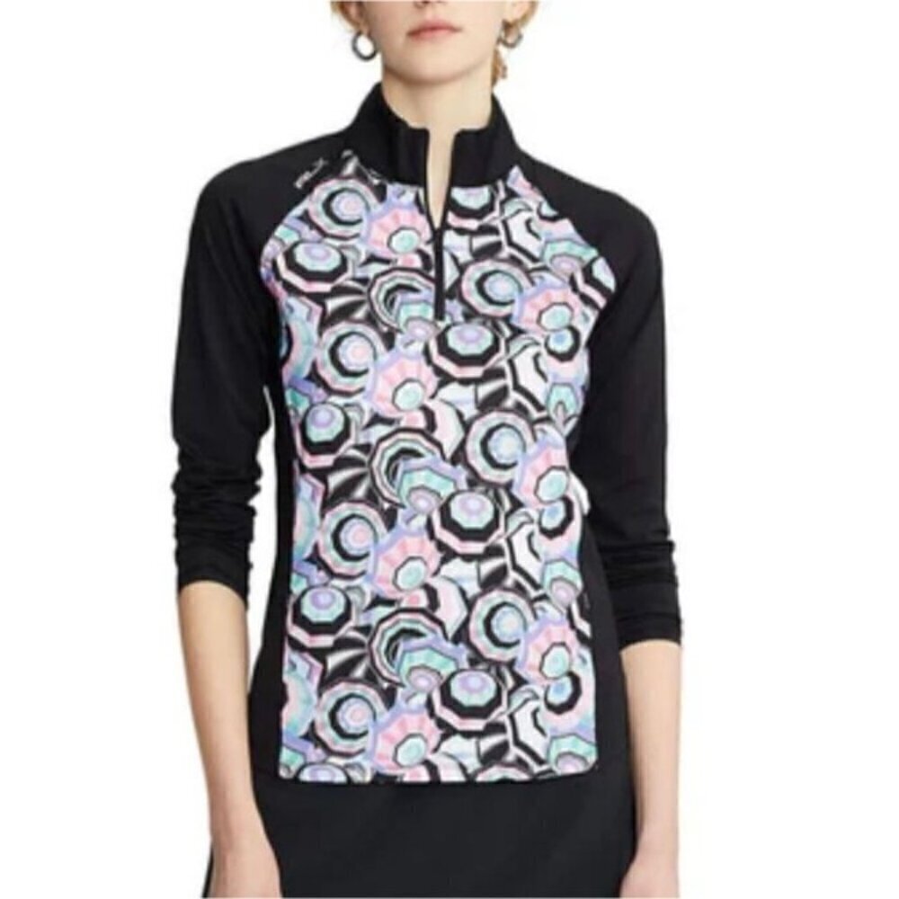 Ralph Lauren RLX Golf Black Umbrella Print 1/4-Zip Jersey Long Sleeve Top M